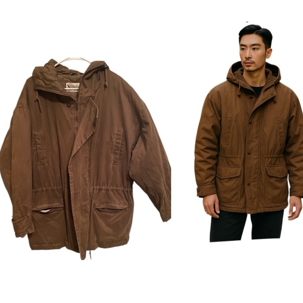Eddie Bauer Brown Thick Heavy Down Filled Zip Parka Jacket Coat Zip Hood Men's L